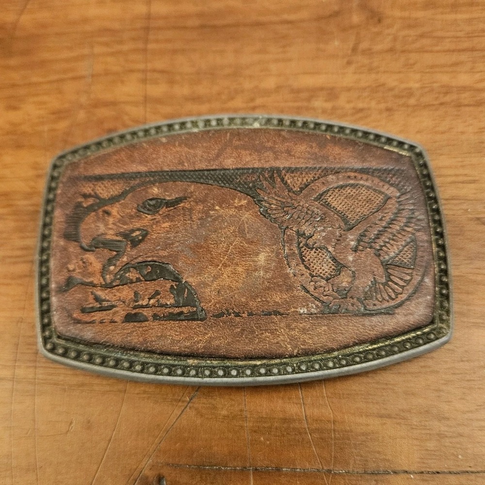 Vintage Alumaline 4108 Leather American Eagle Belt Buckle Embossed Western
